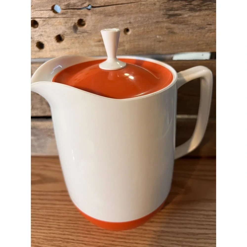 THERMOS VTG Mid Century INSULATED WARE White Orange Hot/Cold Pitcher Carafe Lid‎